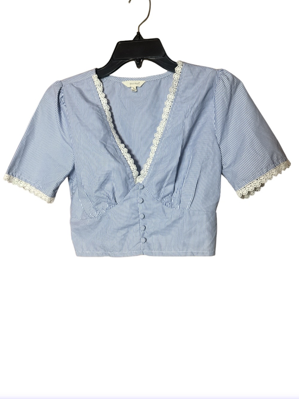 Sim & Sam Blue Pinstripe Lace-Trim V-Neck Crop Top - Size S
